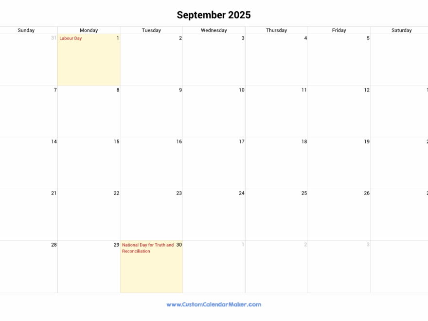 September 2025 Printable Calendar With Canadian Holidays Custom Calendar Maker