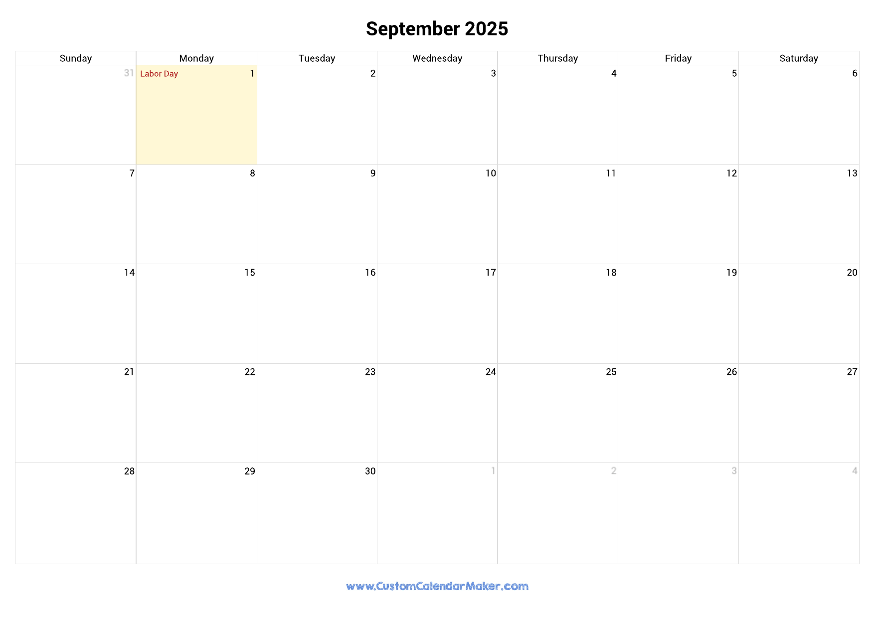 September 2025 Printable Calendar With US Federal Holidays Custom Calendar Maker