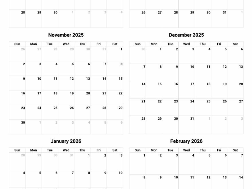 September 2025 To February 2026 Printable Calendar Custom Calendar Maker