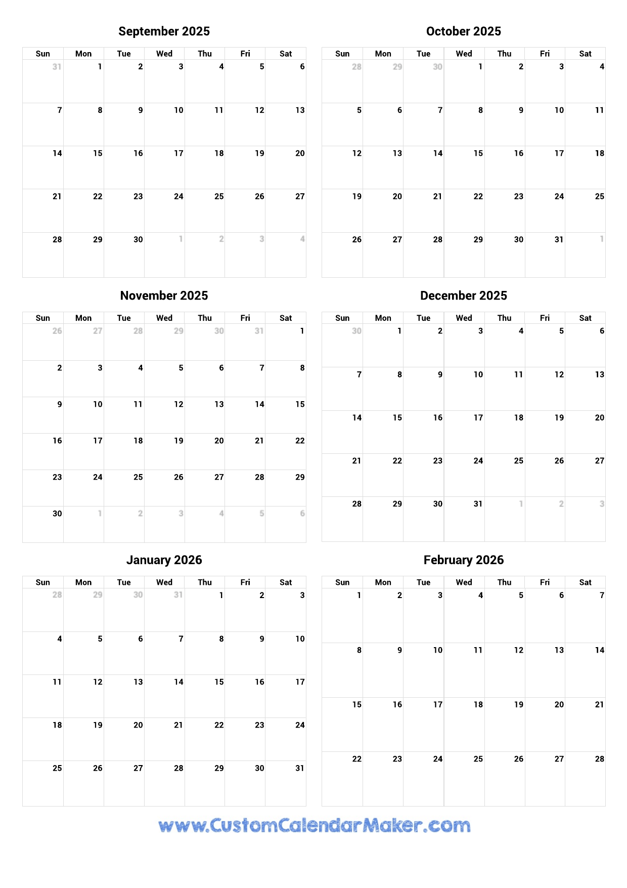 September 2025 To February 2026 Printable Calendar Custom Calendar Maker