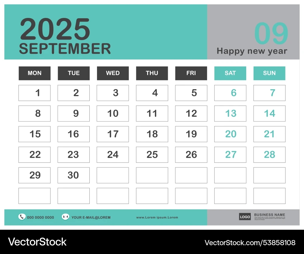 September 2025 Year Calendar Template Royalty Free Vector