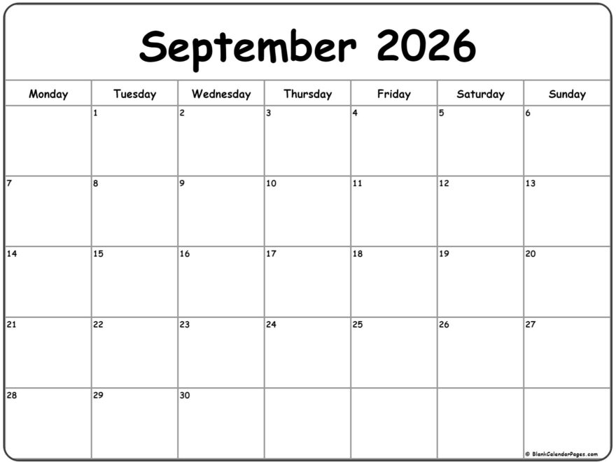 September 2026 Monday Calendar Monday To Sunday
