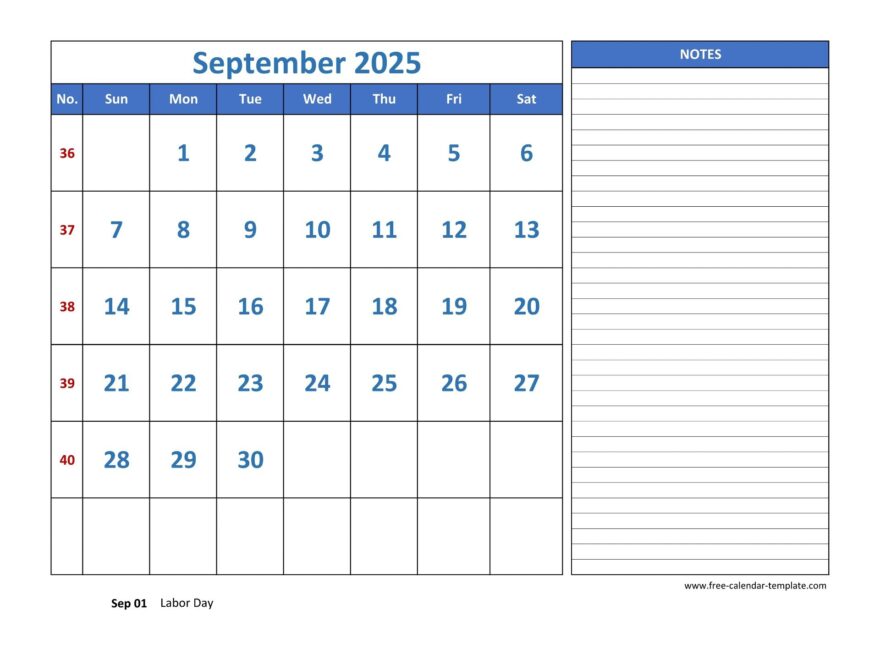 September Calendar 2025 Grid Lines For Holidays And Notes horizontal Free calendar template