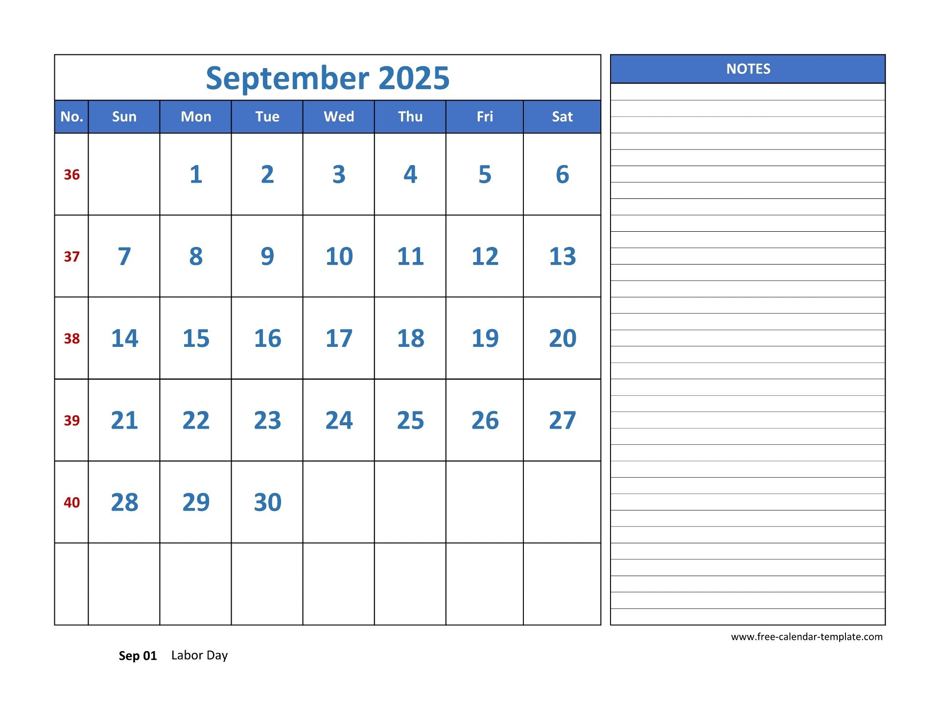 September Calendar 2025 Grid Lines For Holidays And Notes horizontal Free calendar template
