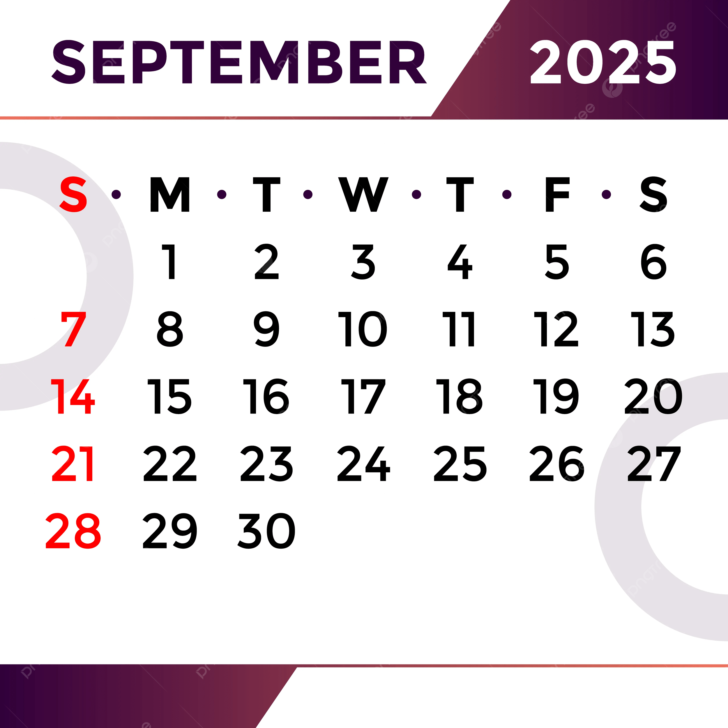 September Month Calendar 2025 Vector Template Download On Pngtree