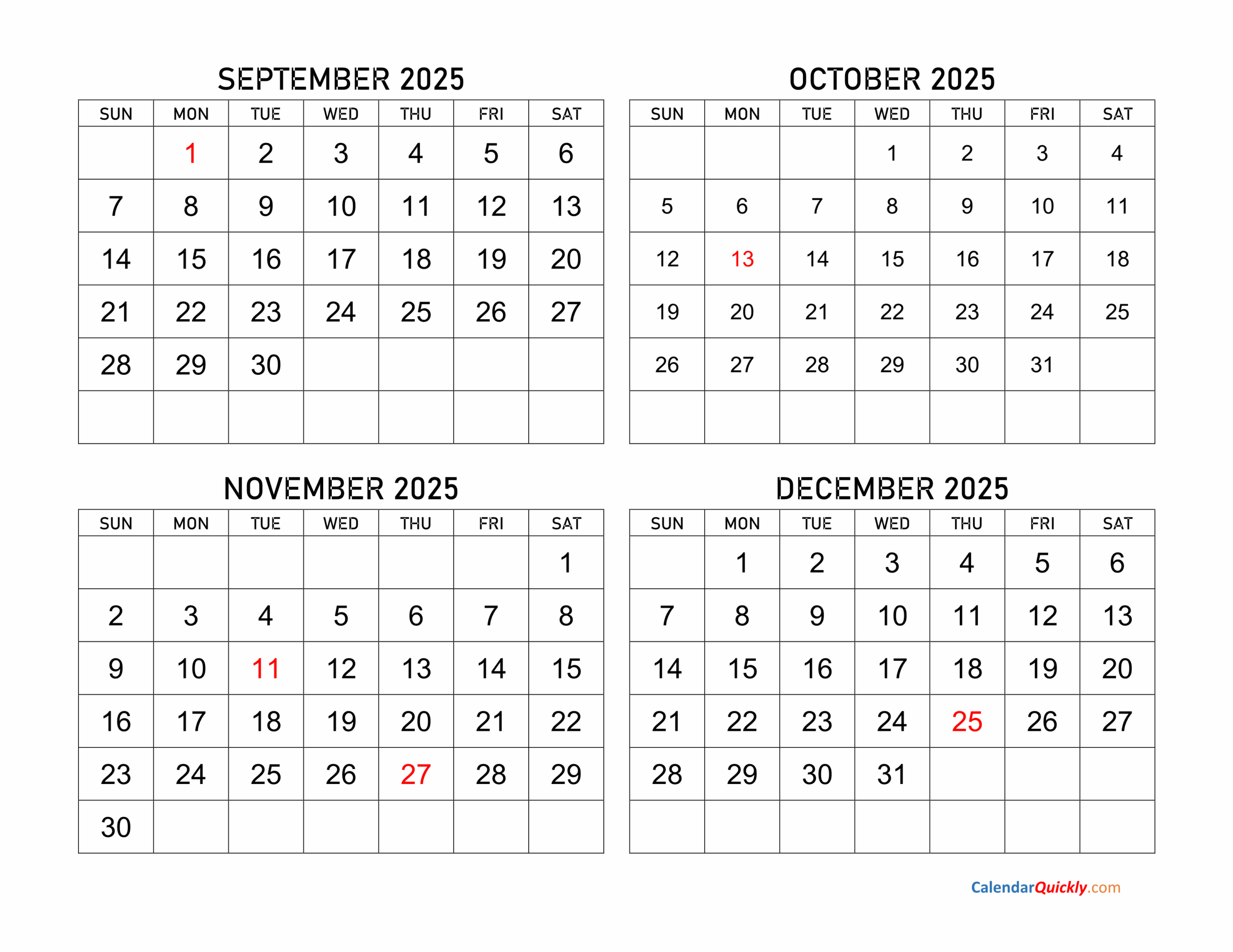 2025 Calendar September To December