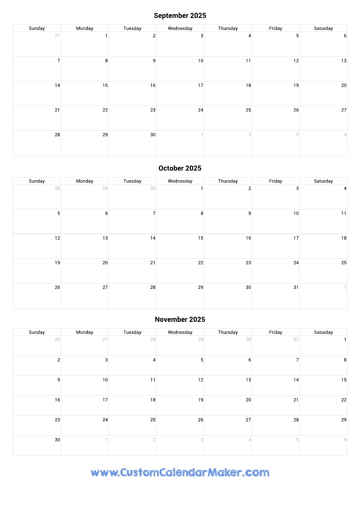 September To November 2025 Calendar Printable Custom Calendar Maker