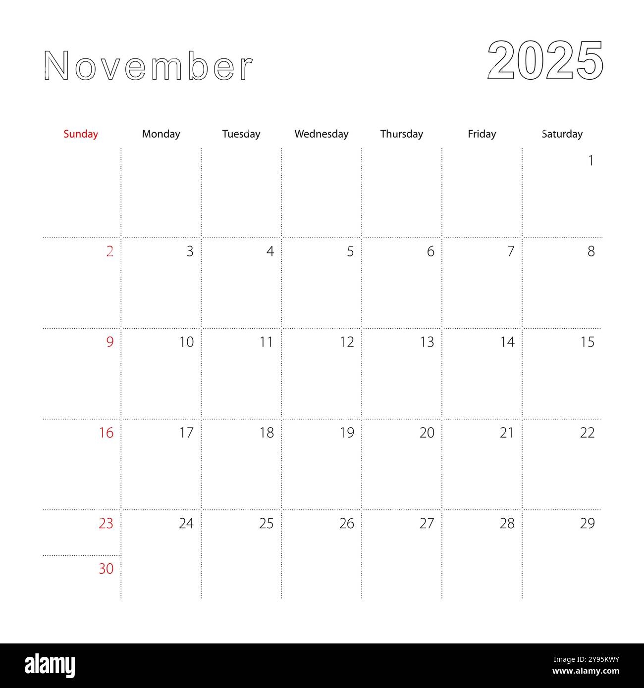 Simple Wall Calendar For November 2025 With Dotted Lines The Calendar Is In English Week Start From Sunday Vector Template Stock Vector Image Art Alamy