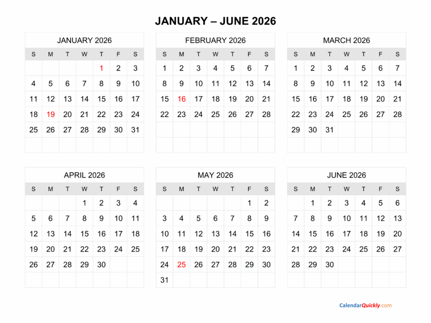 Six Months 2026 Calendar Calendar Quickly