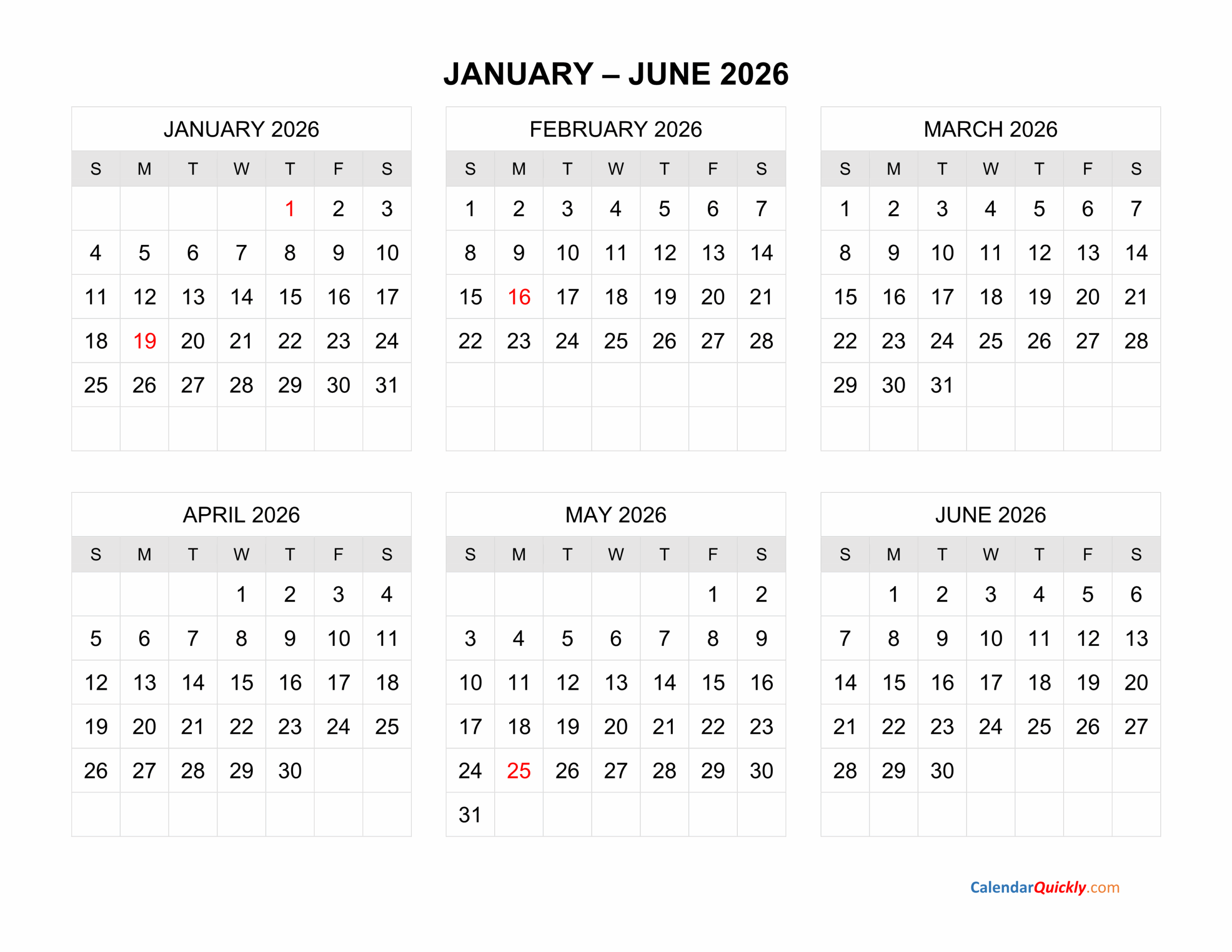 Six Months 2026 Calendar Calendar Quickly