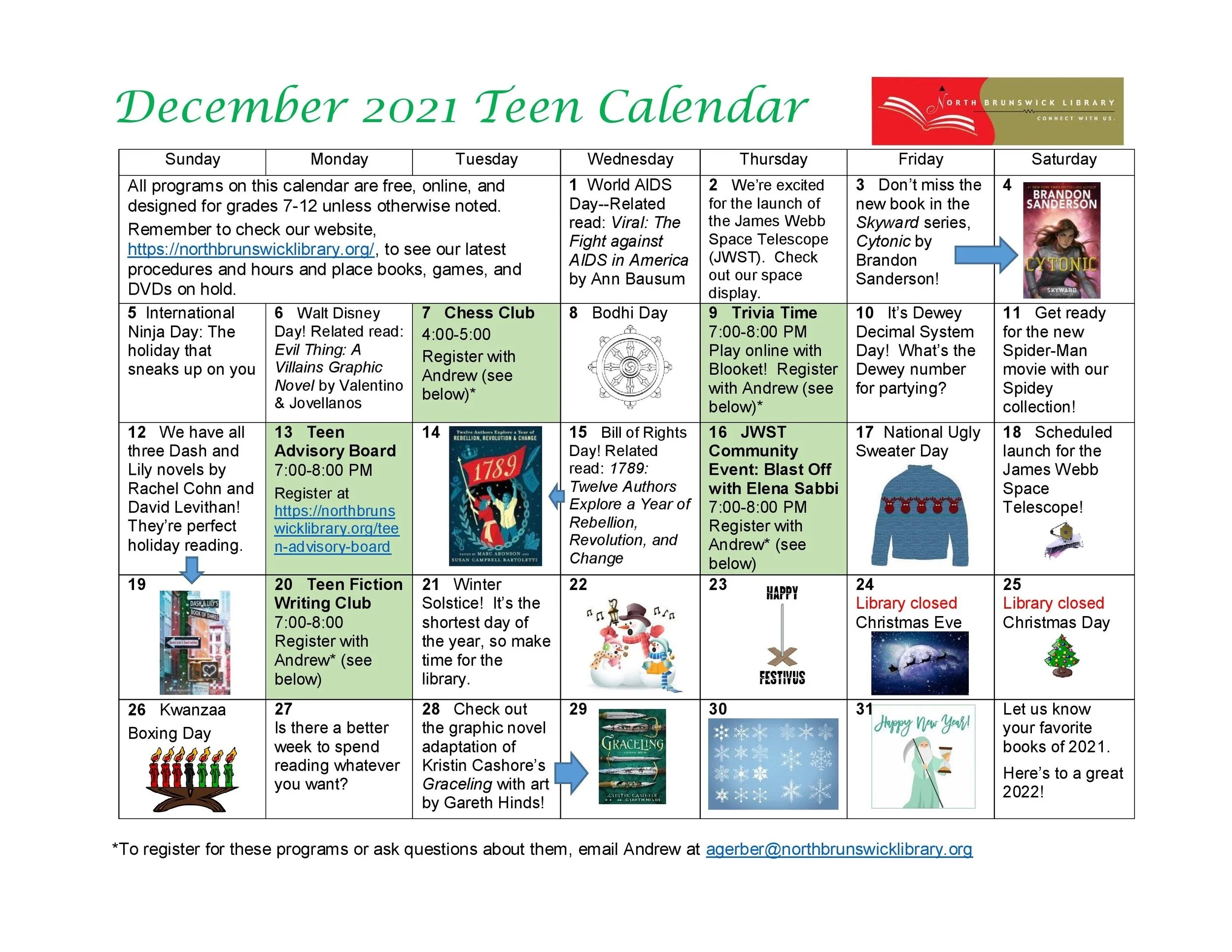 Teen Calendar Of Events December 2021 North Brunswick Public Library