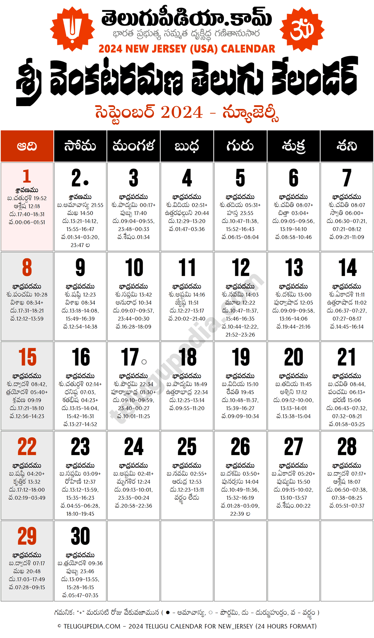 New Jersey Telugu Calendar September 2025