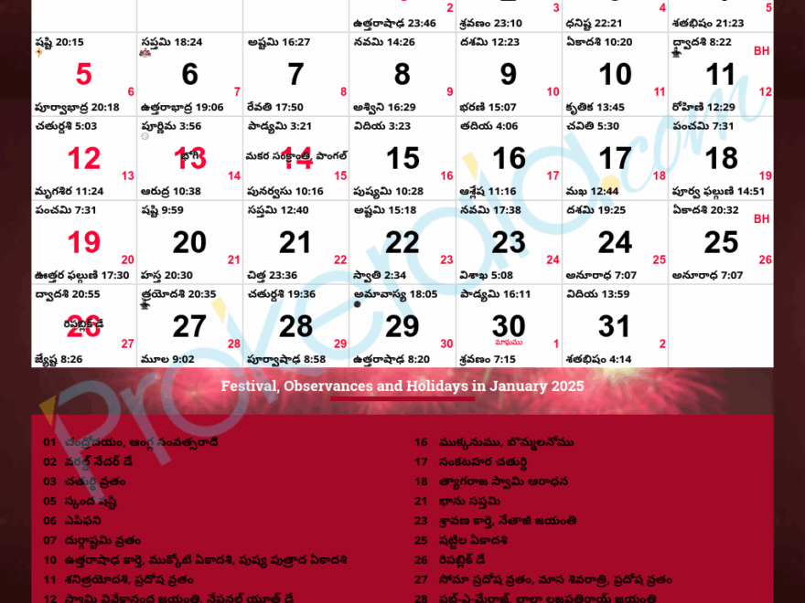 Telugu Calendar 2025 January