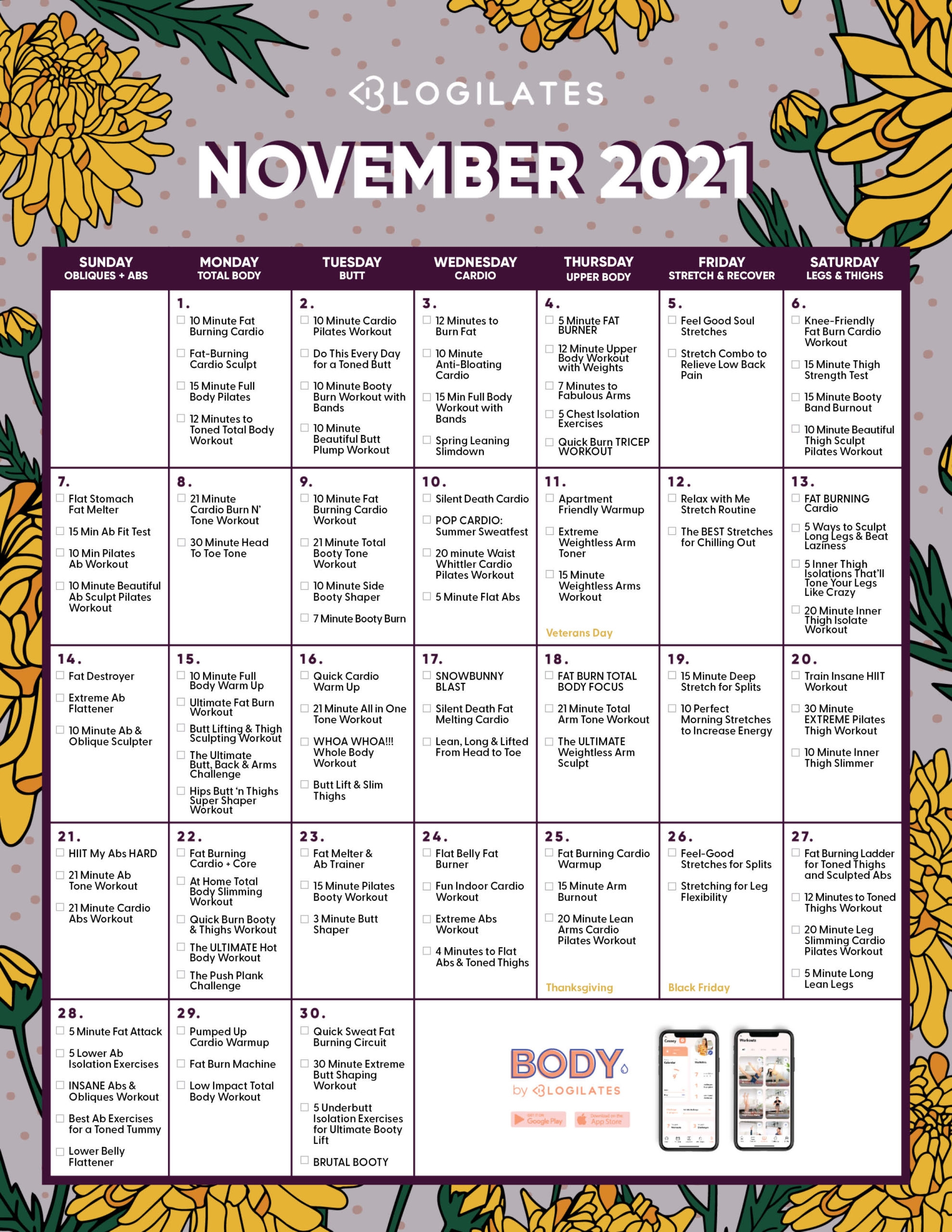 The Blogilates November 2021 Workout Calendar Blogilates