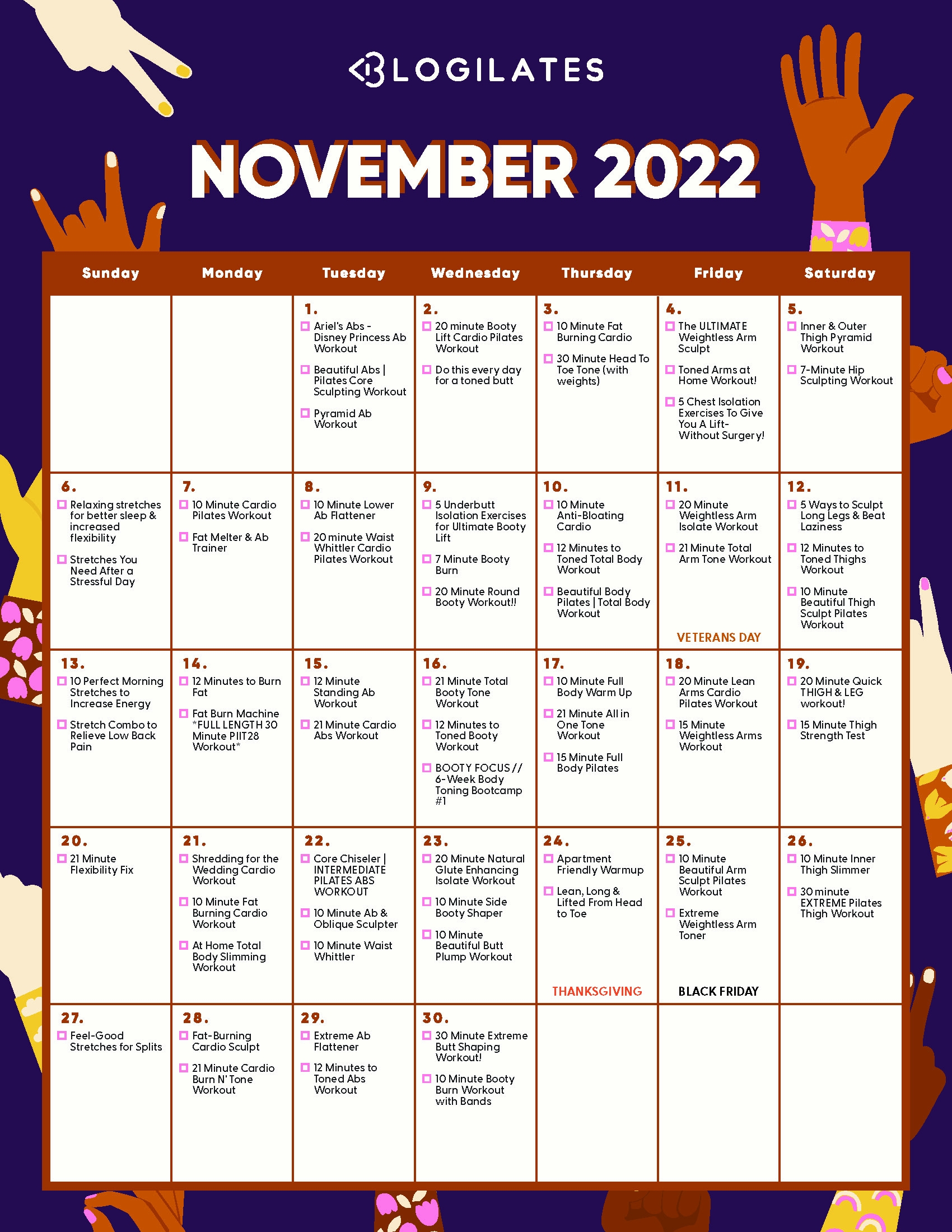 The Blogilates November 2022 Workout Calendar Blogilates