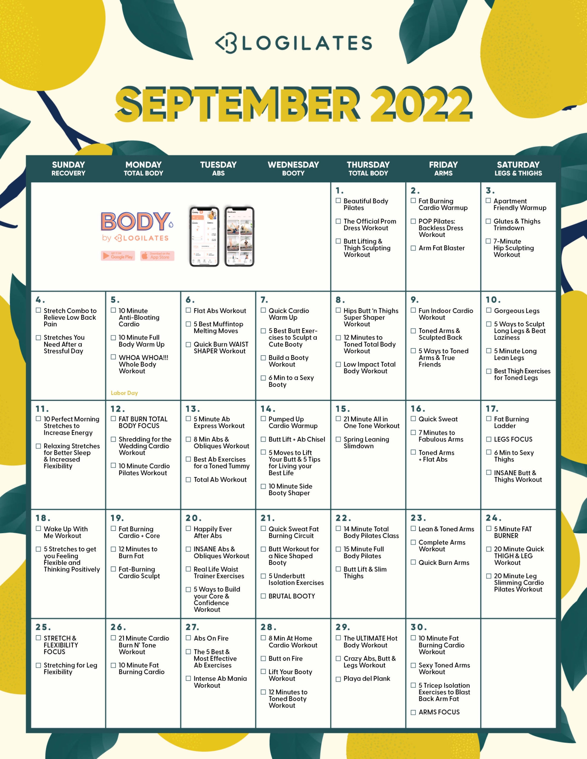The Blogilates September 2022 Workout Calendar Blogilates