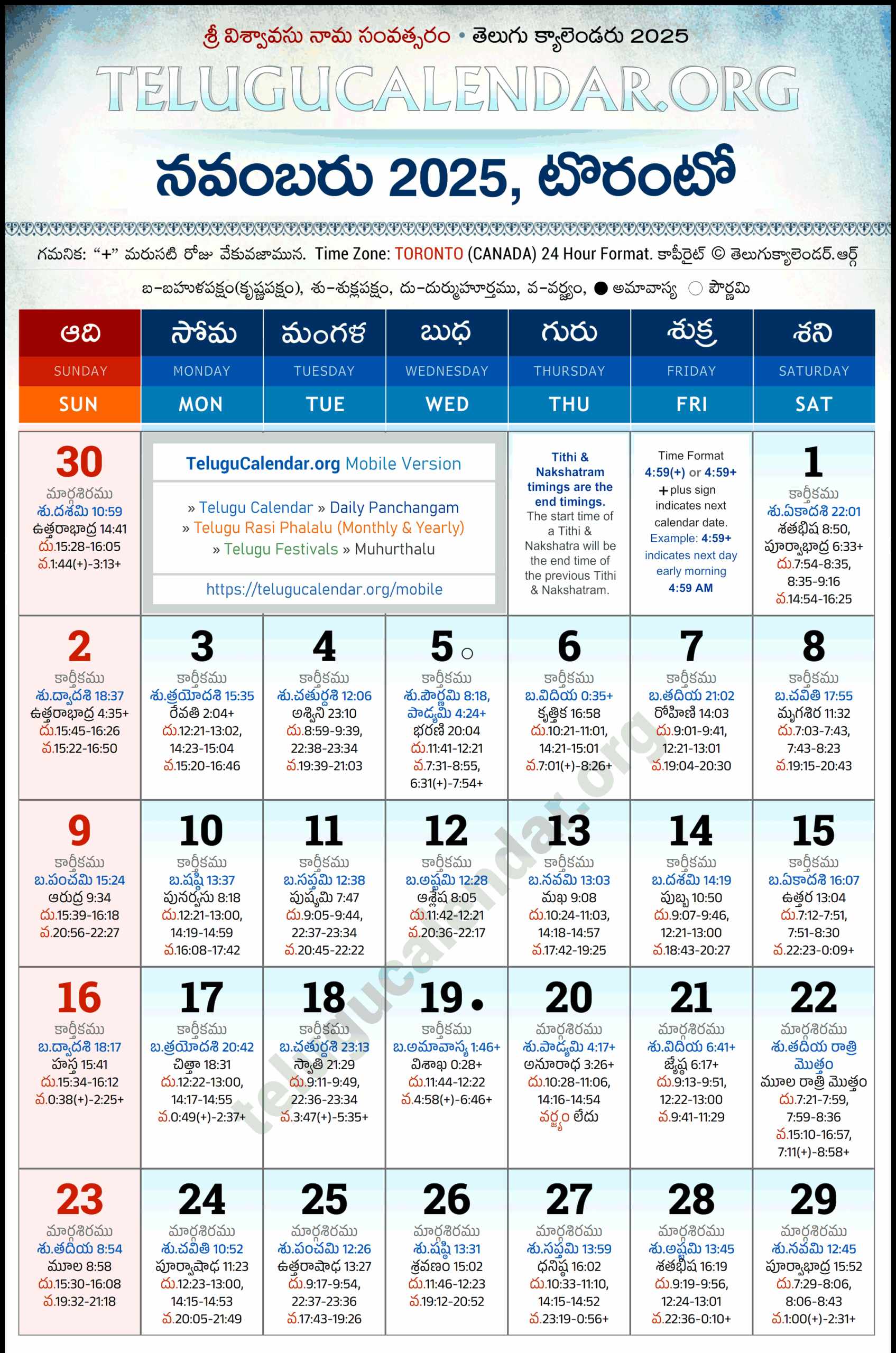 Toronto Telugu Calendar 2025 November PDF Festivals