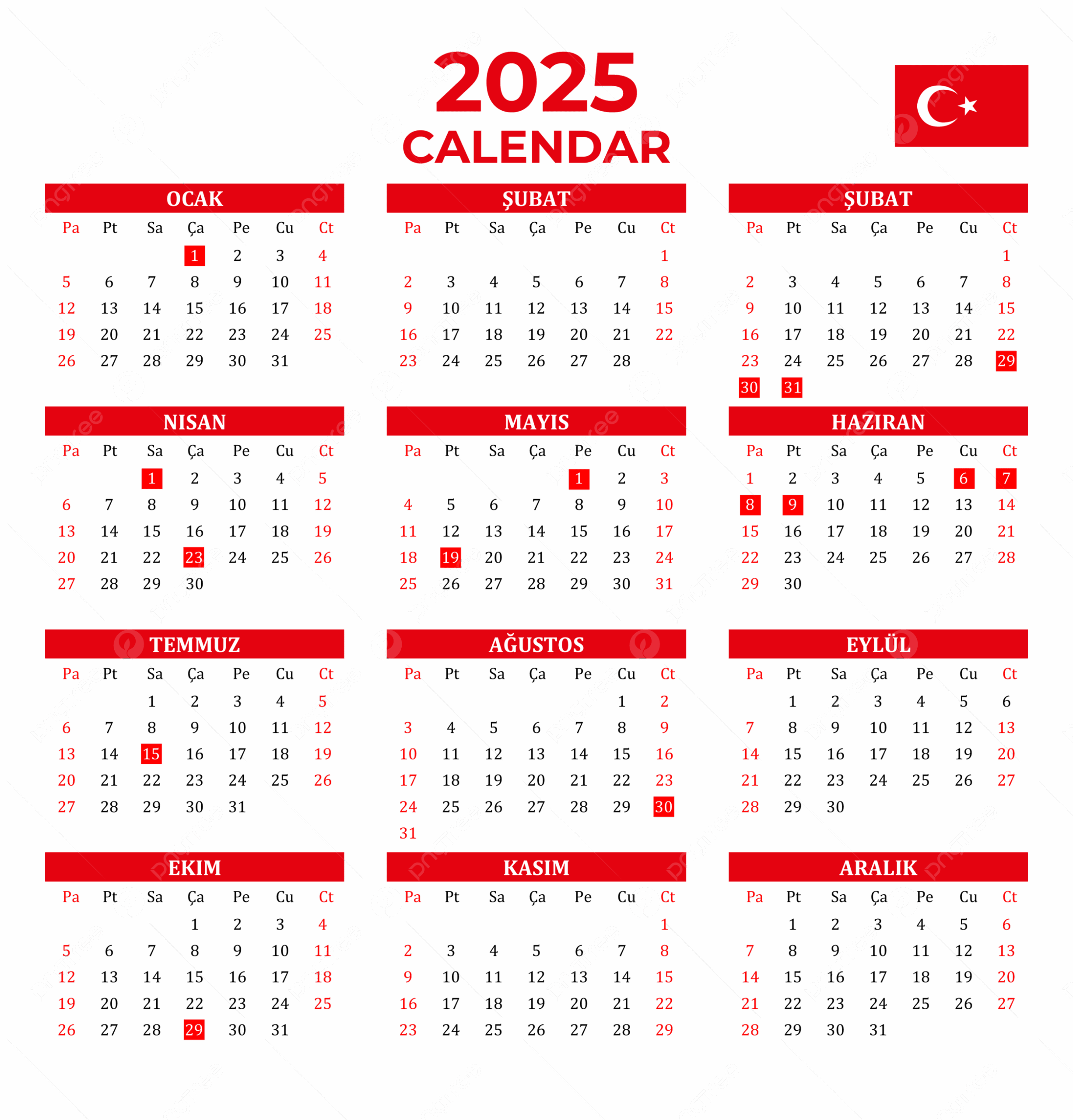 Turkey 2025 Yearly Calendar With National Holidays Vector 2025 Yearly Calendar Turkish Calendar 2025 Calendar PNG And Vector With Transparent Background For Free Download