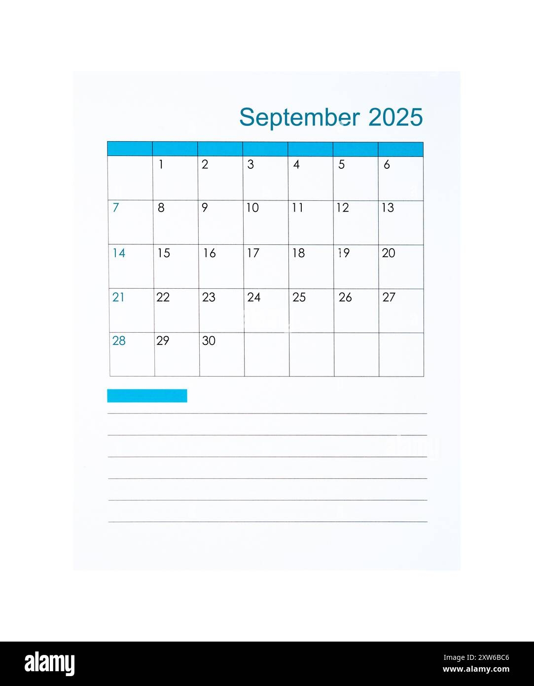 Vertical Of September 2025 Calendar Page For 2025 Year Isolated On White Background Saved Clipping Path Stock Photo Alamy