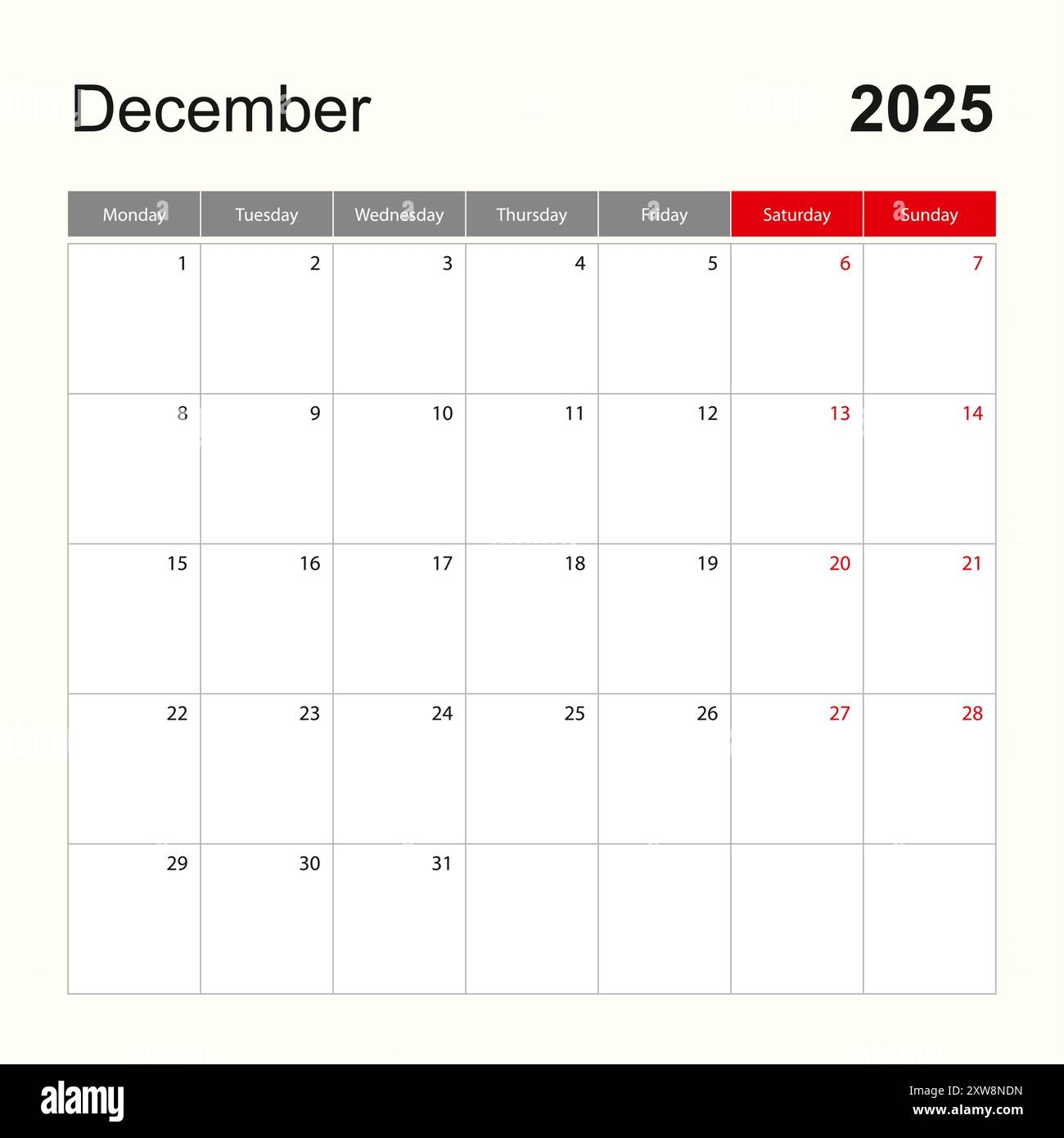 Wall Calendar Template For December 2025 Holiday And Event Planner Week Starts On Monday Vector Template Stock Vector Image Art Alamy