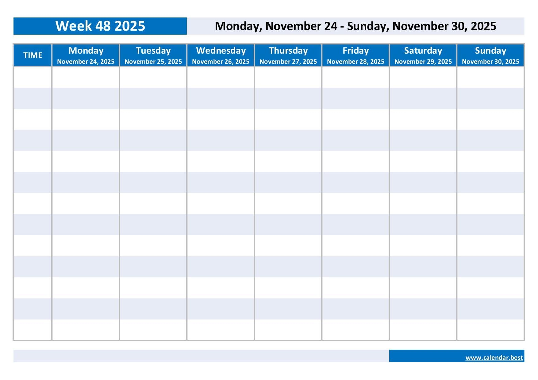 November 2025 Weekly Calendar