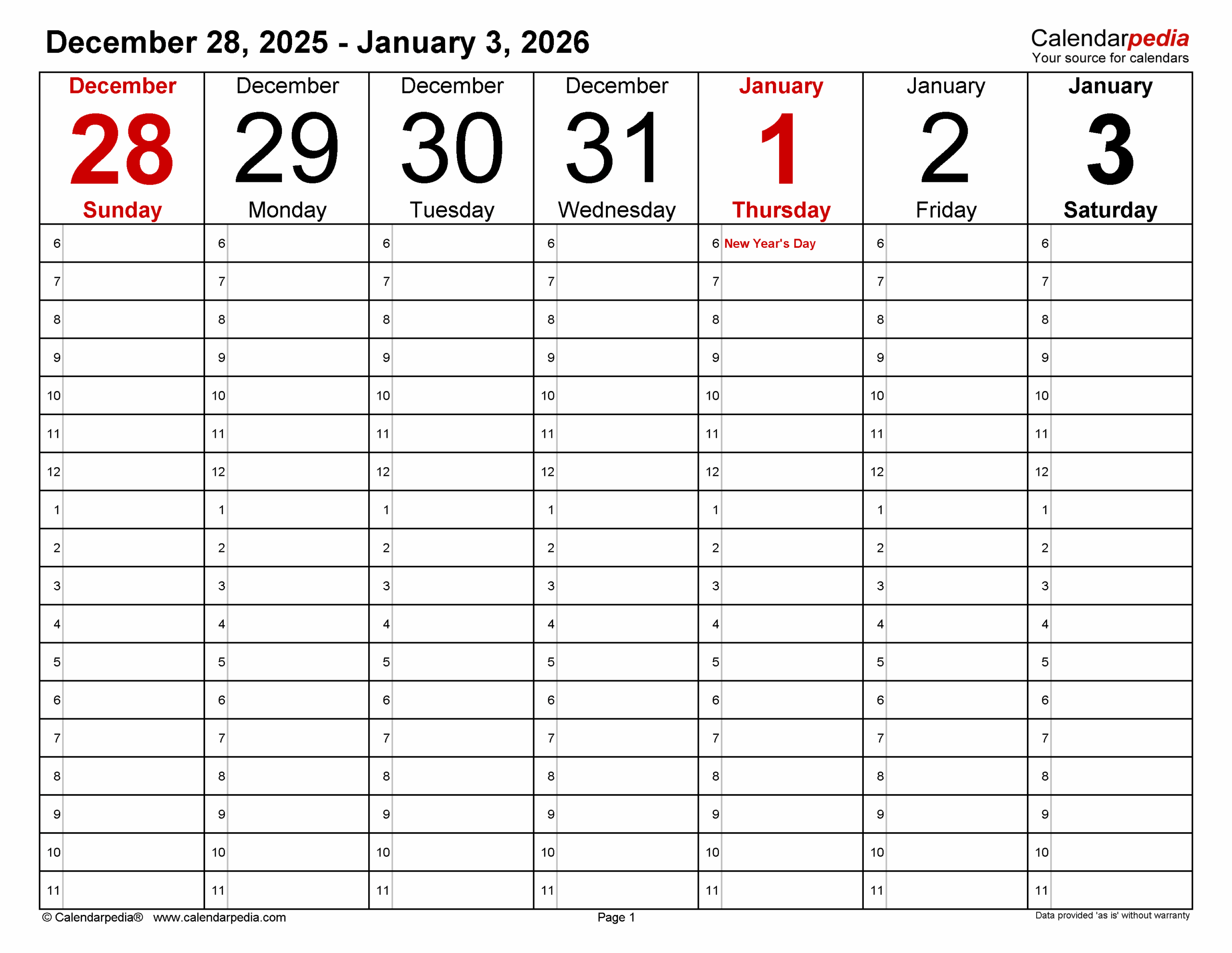Printable Hourly Calendar 2026