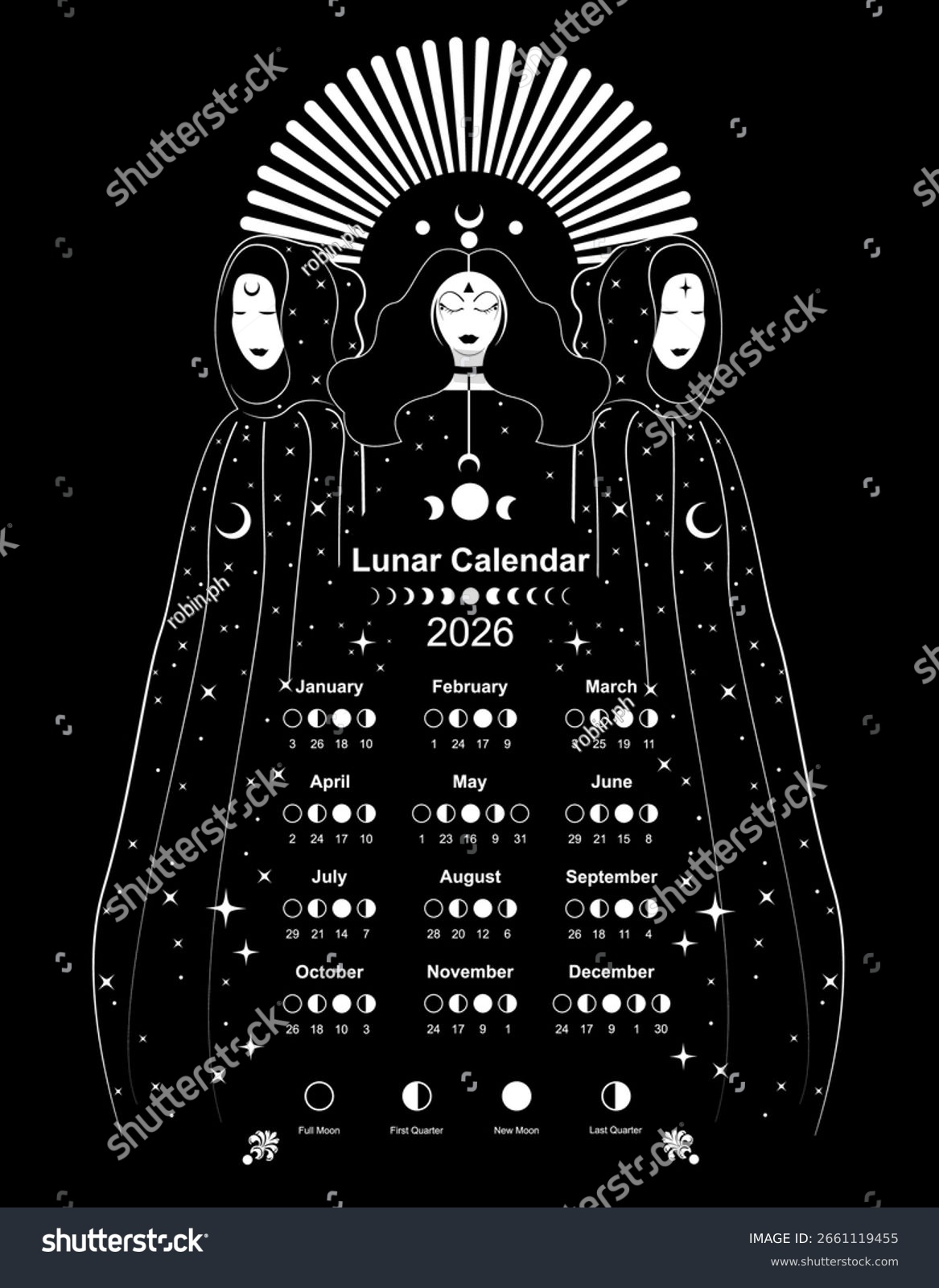 Wiccan Moon Calendar 2026 Moon Phases Stock Vector Royalty Free 2661119455 Shutterstock