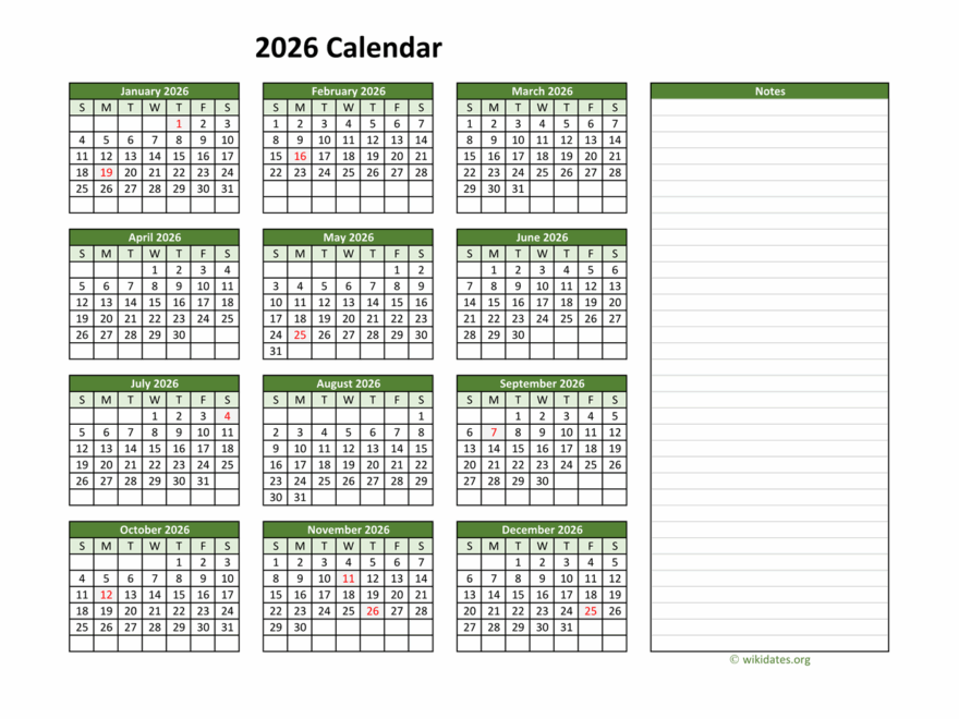 Yearly Printable 2026 Calendar With Notes WikiDates
