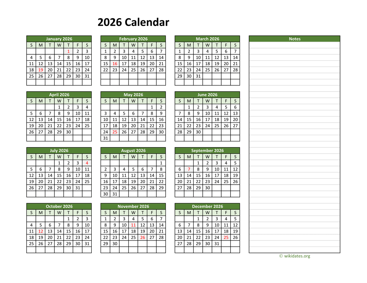 Printable Calendar 2026 With Notes