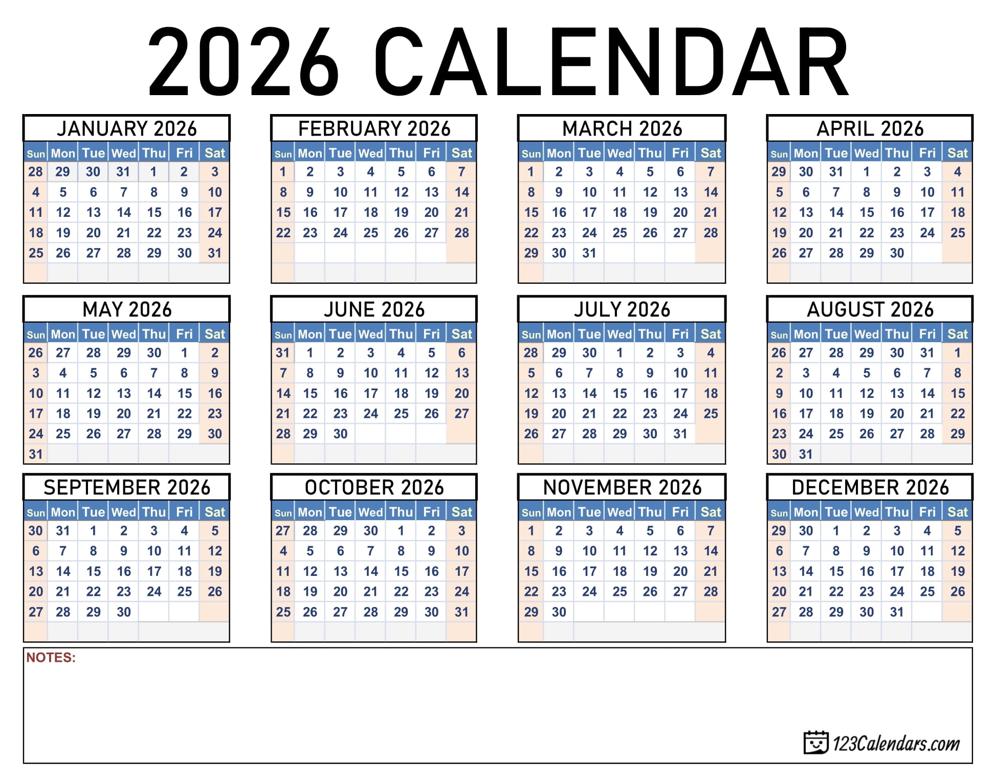 January 2026 Calendar Towncalendars
