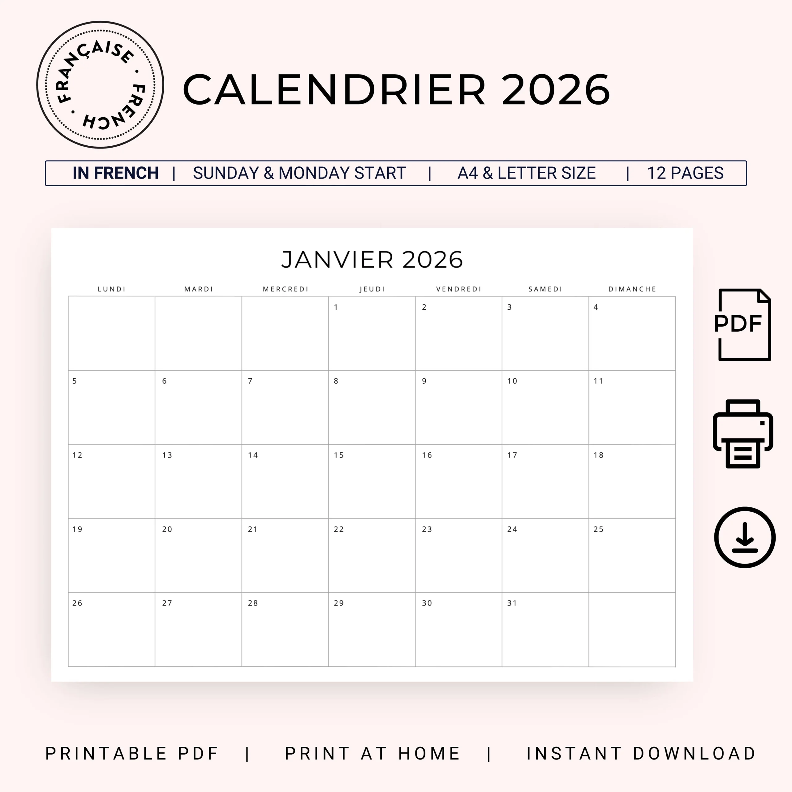 French Calendar January 2026