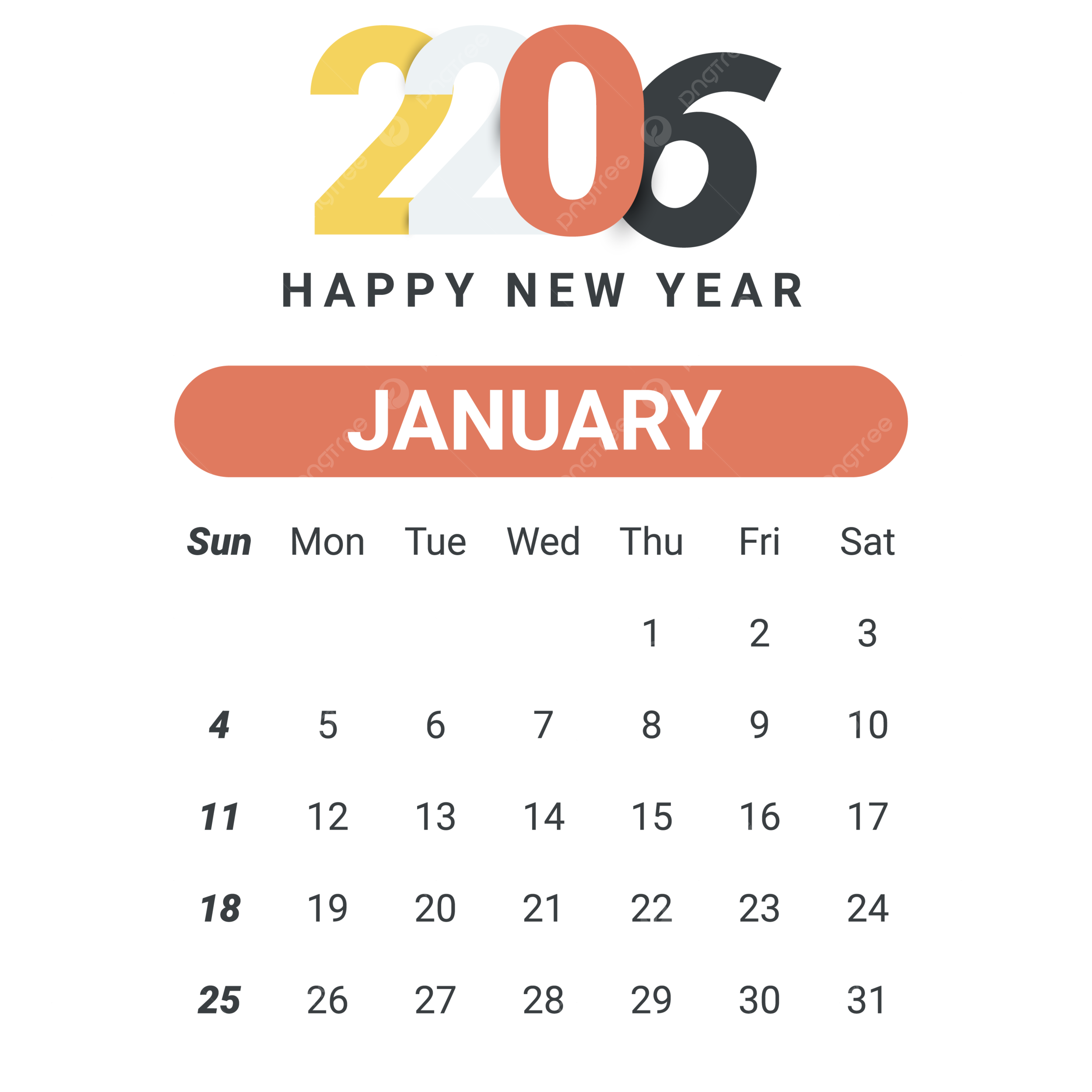 2026 January Calendar Vector 2026 January 2026 Calendar PNG And Vector With Transparent Background For Free Download