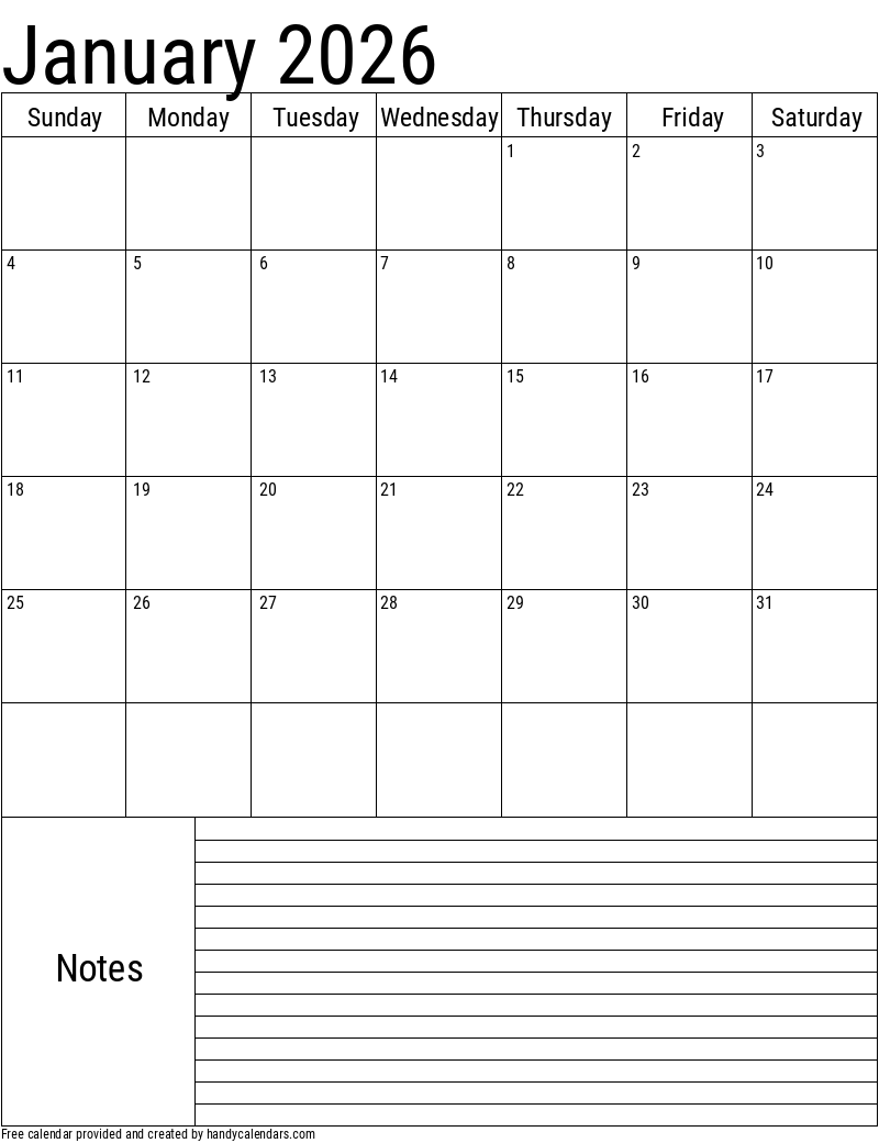 January Printable Calendar 2026 Free