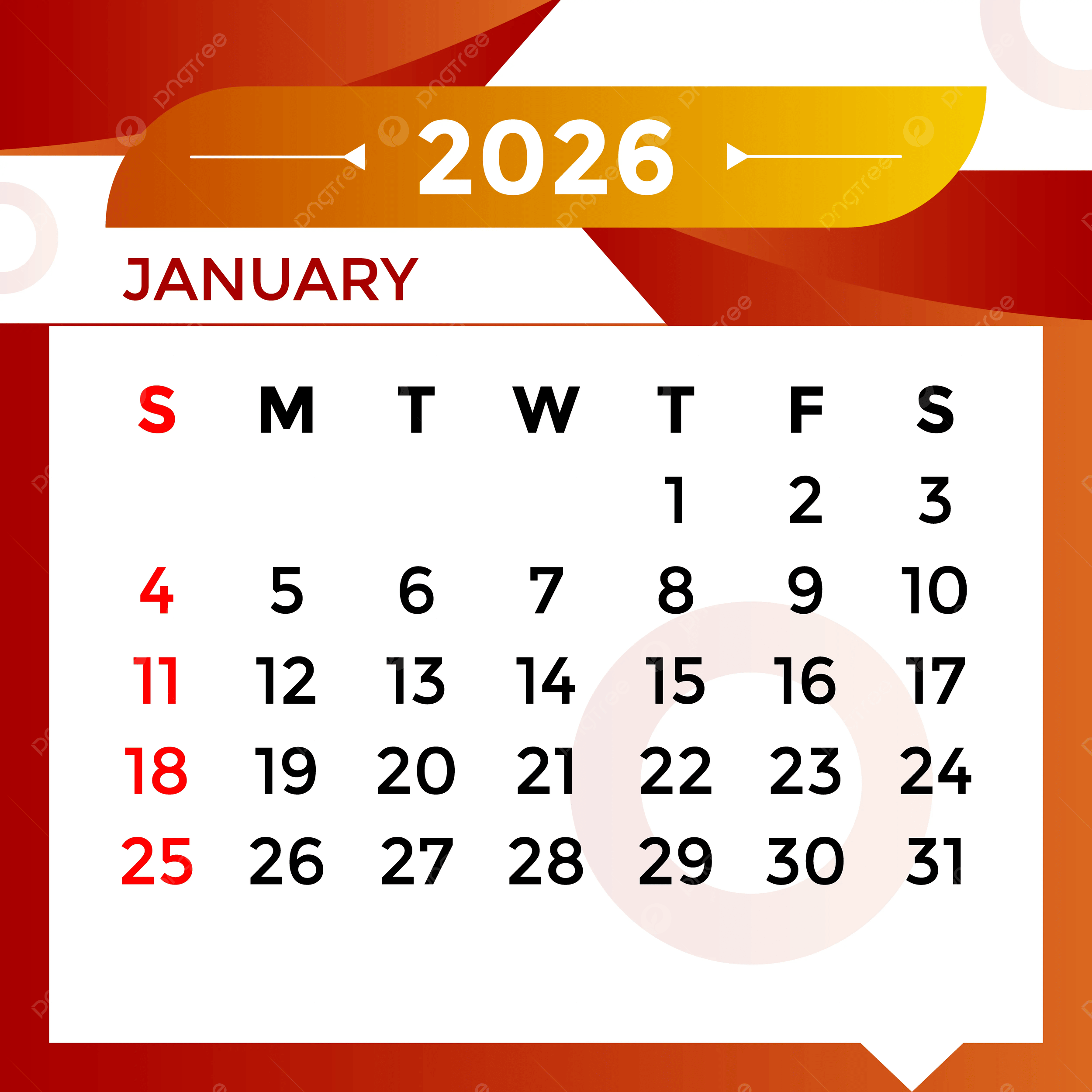2026 January Month Calendar Vector Template Download On Pngtree