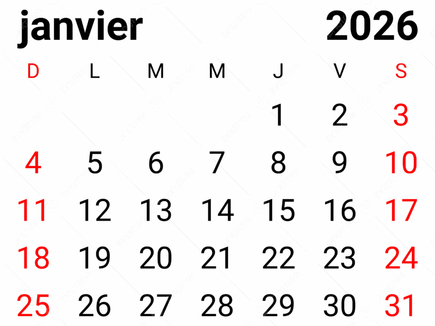 2026 January Monthly French Calendar Vector 2026 January Monthly French Calendar 2026 January Calendar PNG And Vector With Transparent Background For Free Download