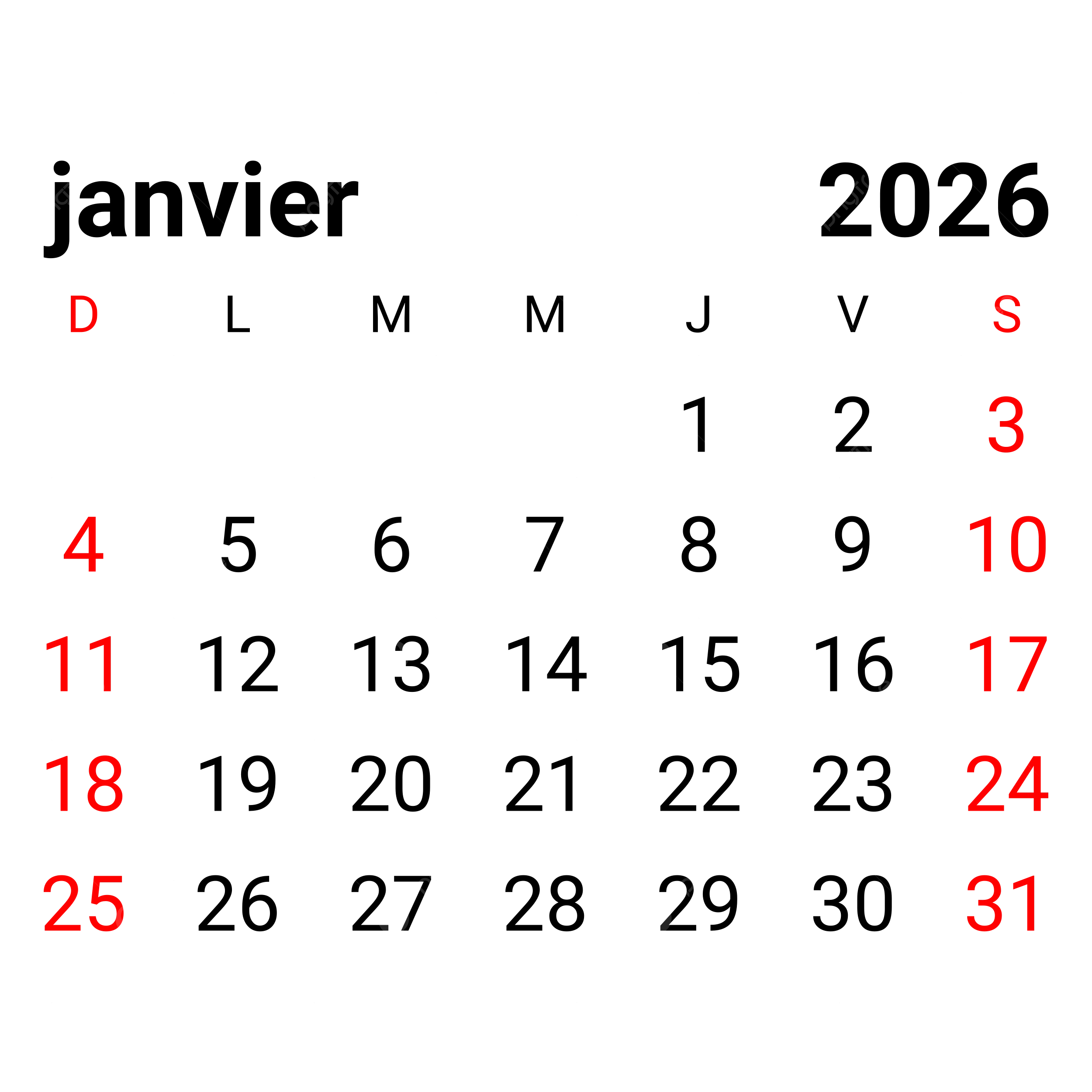 2026 January Monthly French Calendar Vector 2026 January Monthly French Calendar 2026 January Calendar PNG And Vector With Transparent Background For Free Download