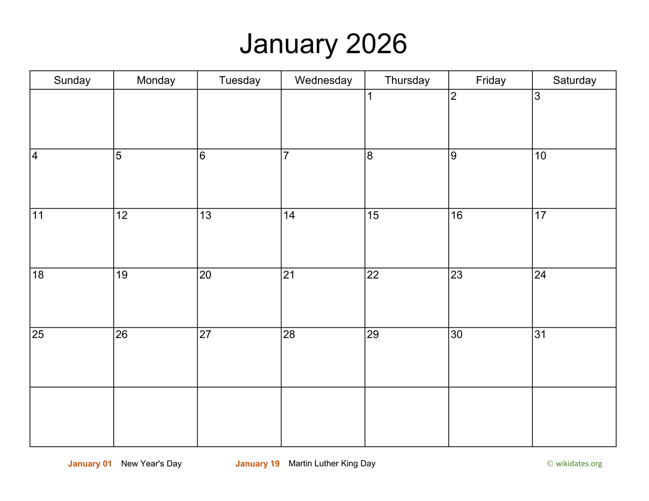 Basic Calendar For January 2026 WikiDates
