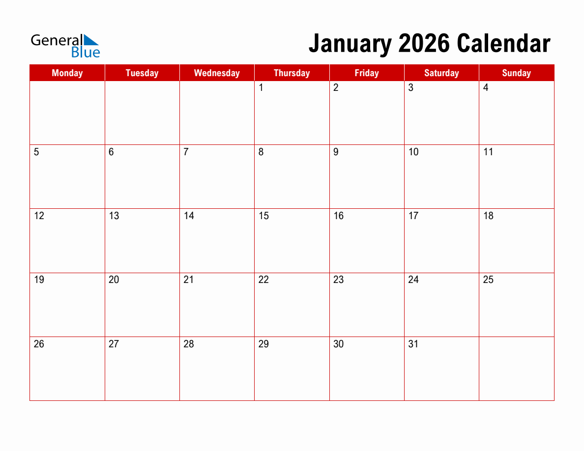 January 2026 Calendar Monday Start