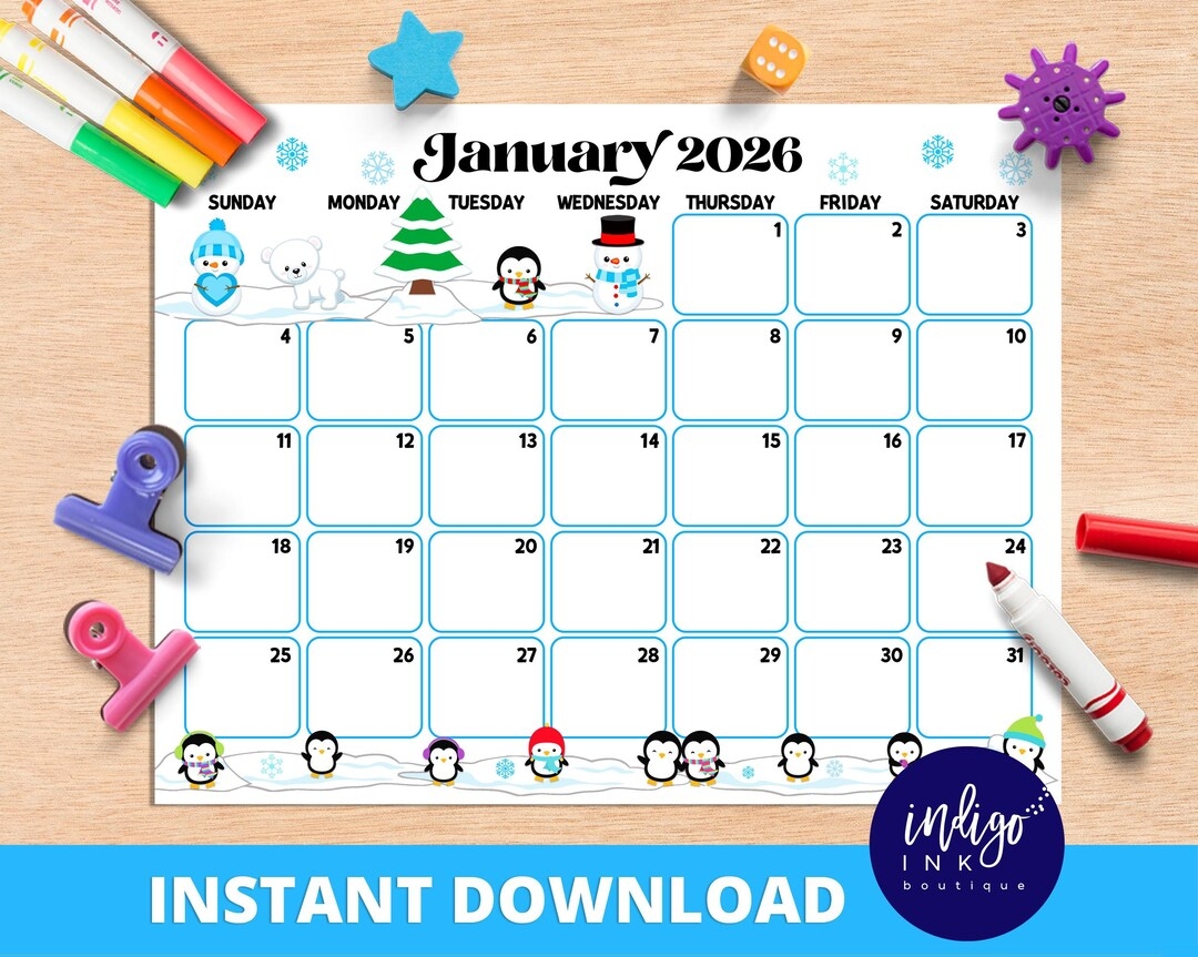 Buy January 2026 Calendar INSTANT DOWNLOAD Monthly Planner Digital Calendar Kid Monthly Calendar Printable Organization For Kids Online In India Etsy