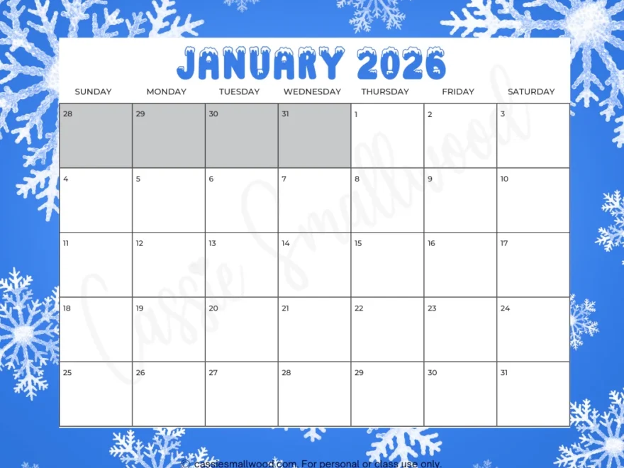 Cute Printable 2026 Monthly Calendar With Holidays Without Cassie Smallwood