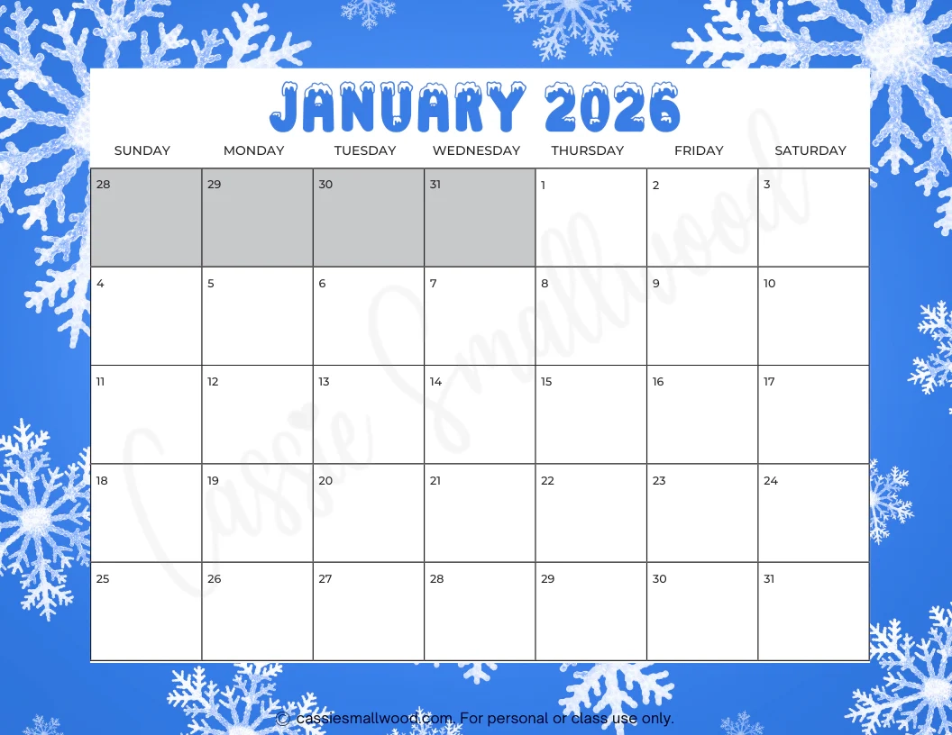 Cute Printable 2026 Monthly Calendar With Holidays Without Cassie Smallwood