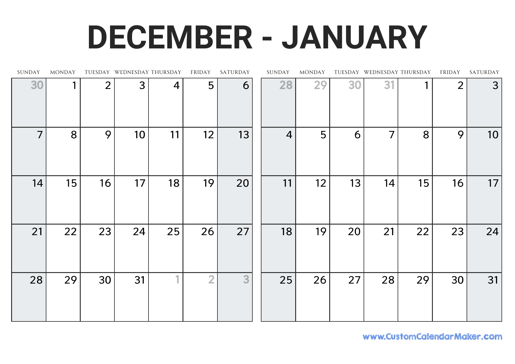 Calendar 2026 December And January 2026