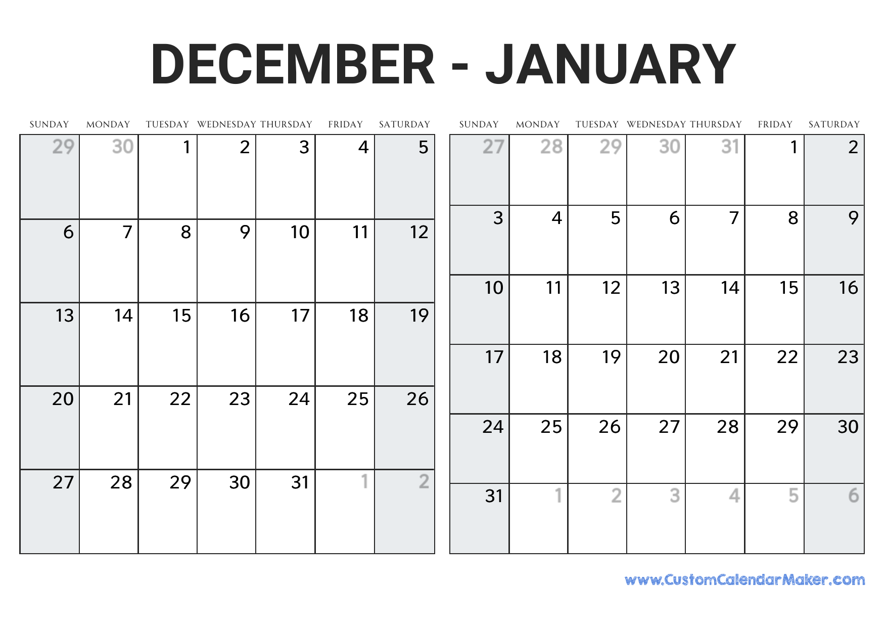 Calendar December 2026 January 2026