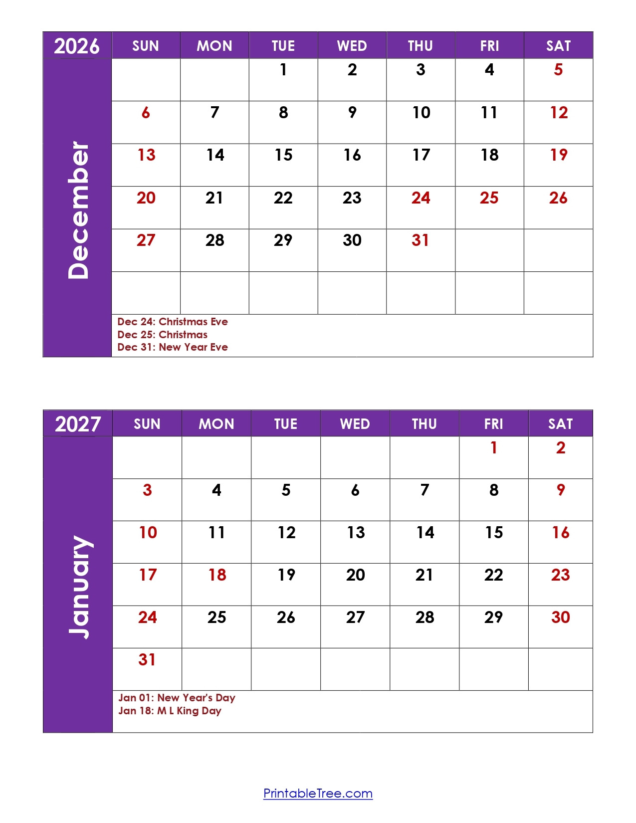December 2026 Calendar With 2026 January