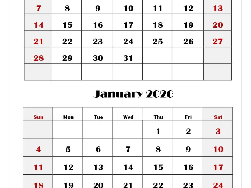 December And January 2026 Calendar Printable PDF Two Months Calendar