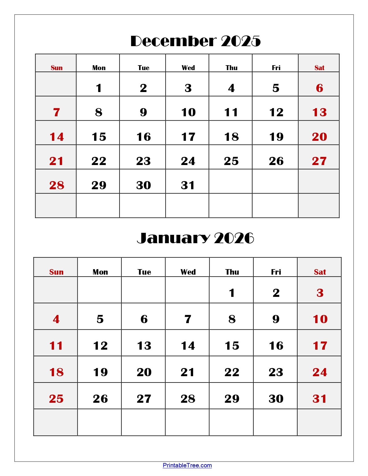 December 2026-January 2026 Calendar