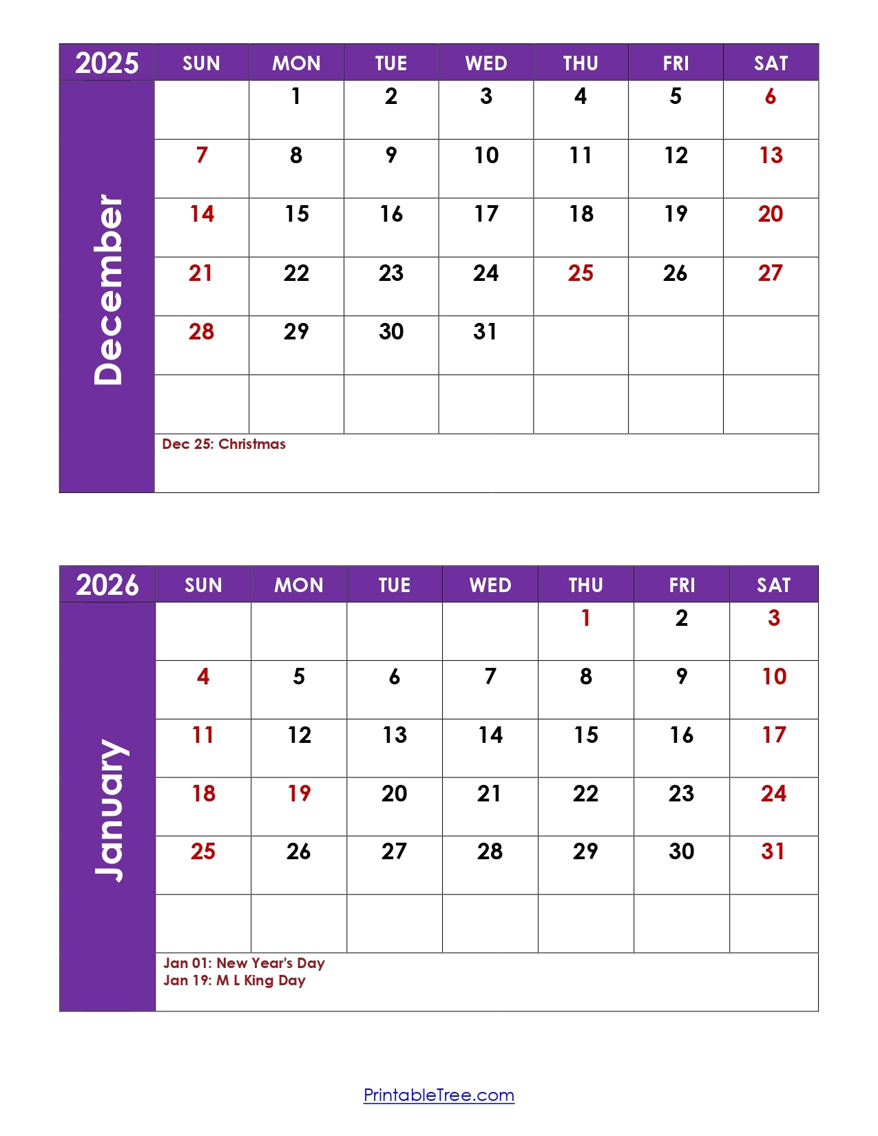 Printable Calendar December 2026 January 2026