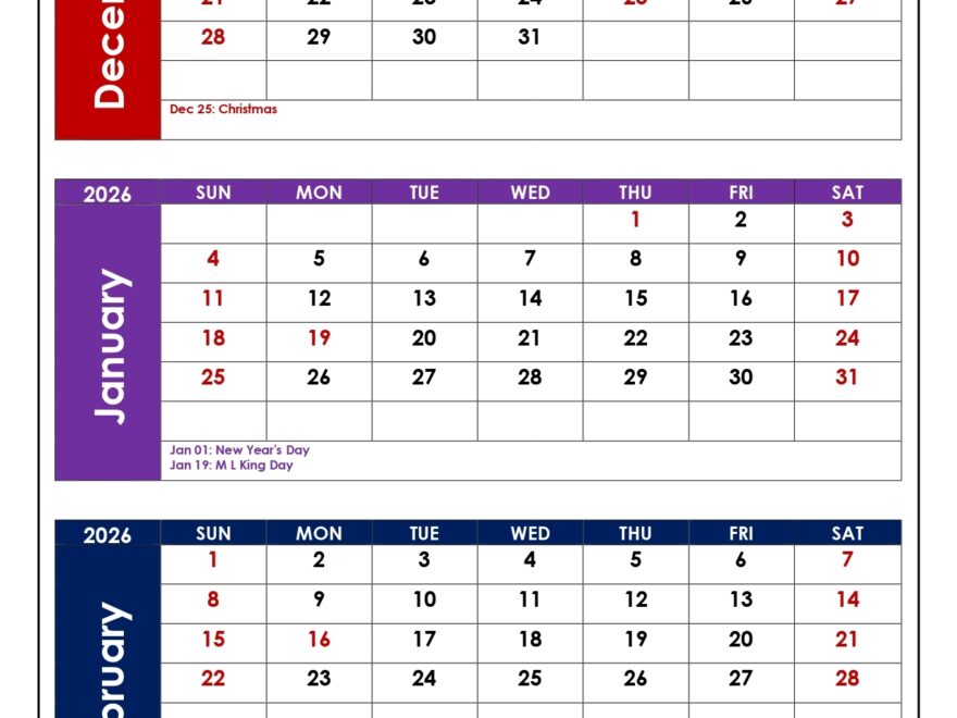 December To February 2026 Calendar Printable PDF Three Months Calendar