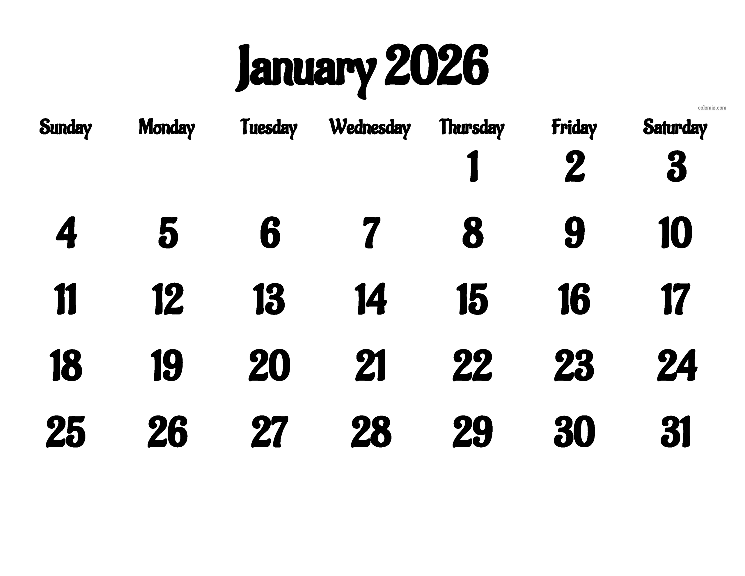Download Free January 2026 Calendars Available In PDF PNG And XLS Formats Www colomio