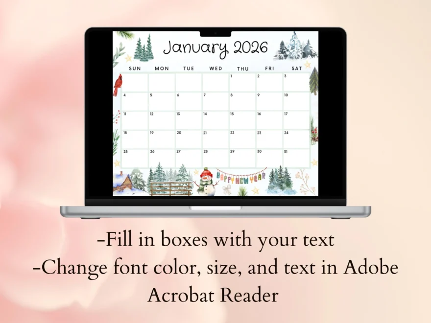 Editable January 2026 Calendar Printable Calendar W Cute Winter Happy New Year Homeschool Calendar January Planner Monthly Calendar Etsy Canada